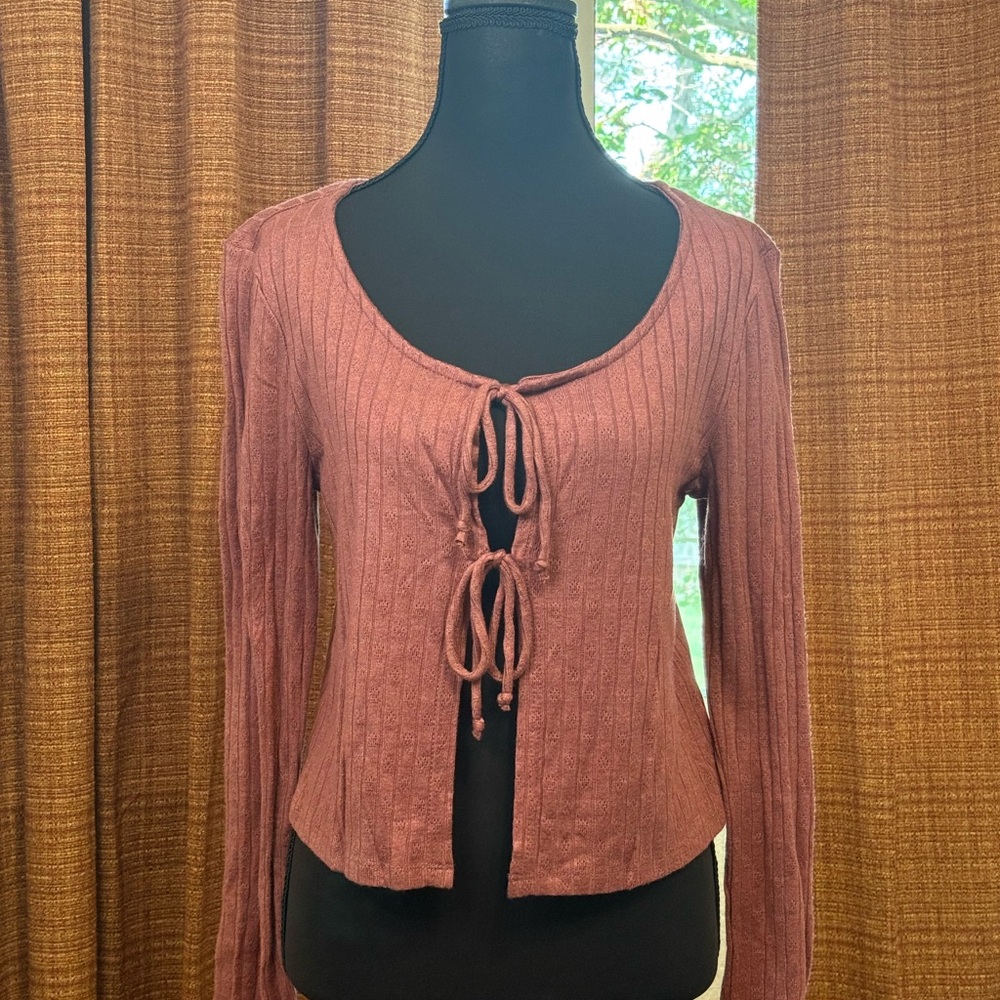 No Boundaries Mauve Ribbed Tie-Front Blouse